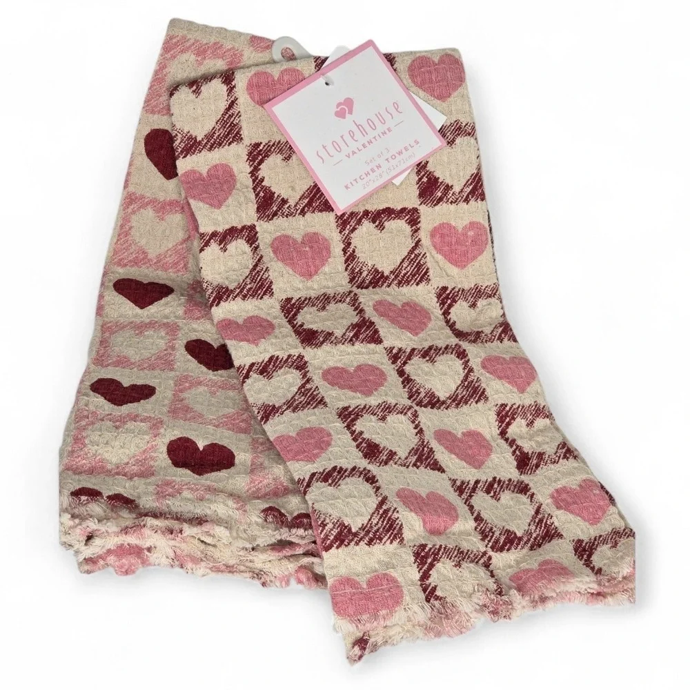 Storehouse‎ Pink And Red Heart Checkered Pattern Kitchen Hand Towels Valentine